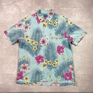 Tommy Bahama Silk Hawaiian Shirt Mens Large Teal Majorelle Floral Palm Resort